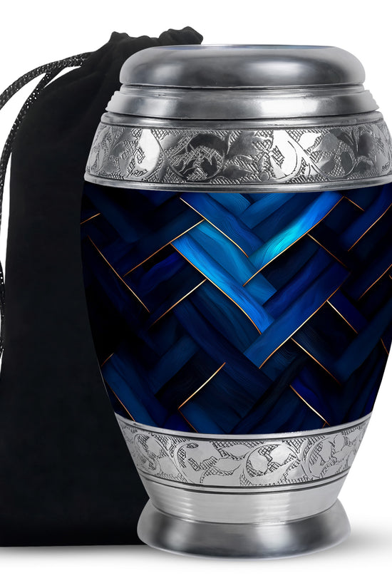 Indigo Blue Cremation Urn back view with polished surface - regal blue design with crown-inspired accents - full-size 10 inch 200 cubic inch adult cremation urn