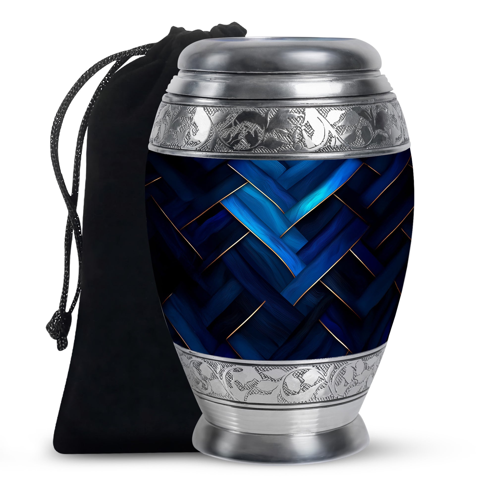 Indigo Blue Cremation Urn back view with polished surface - regal blue design with crown-inspired accents - full-size 10 inch 200 cubic inch adult cremation urn