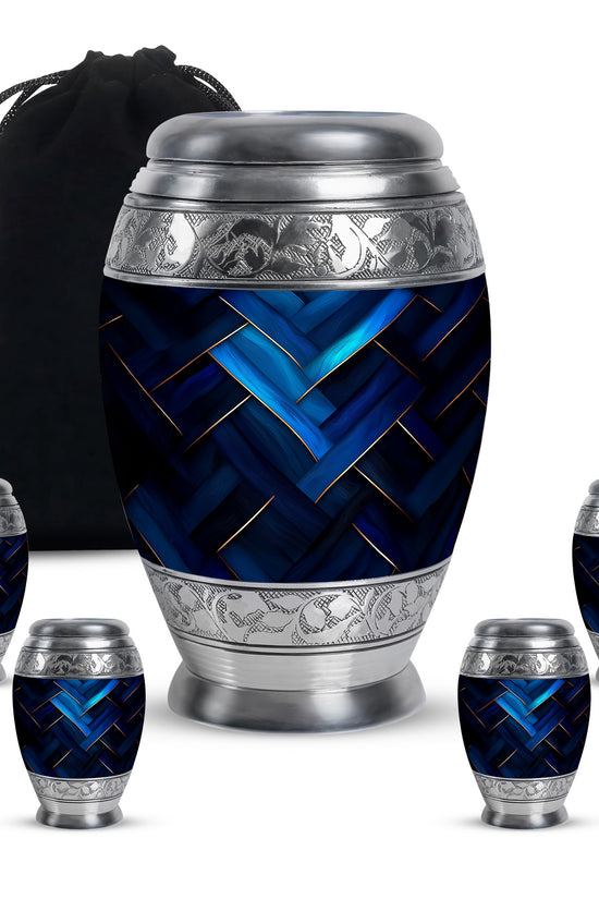 Royal Blue Blue Cremation Urn detail view - majestic blue pattern with filigree border - memorial set with one large and four small urns