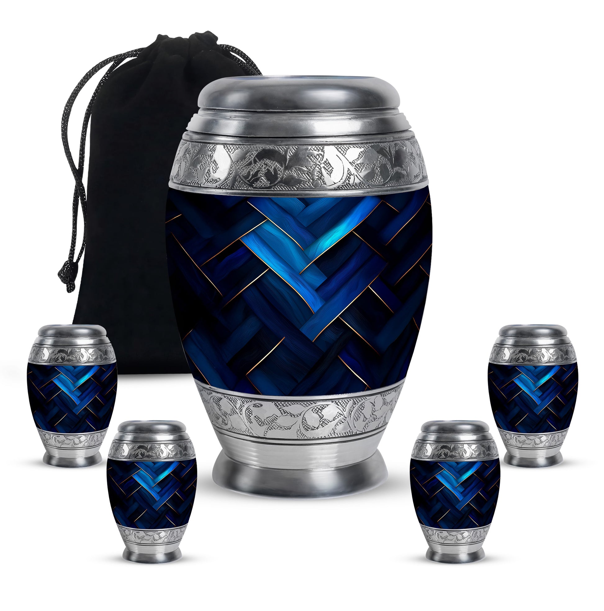 Royal Blue Blue Cremation Urn detail view - majestic blue pattern with filigree border - memorial set with one large and four small urns