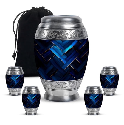Royal Blue Blue Cremation Urn detail view - majestic blue pattern with filigree border - memorial set with one large and four small urns