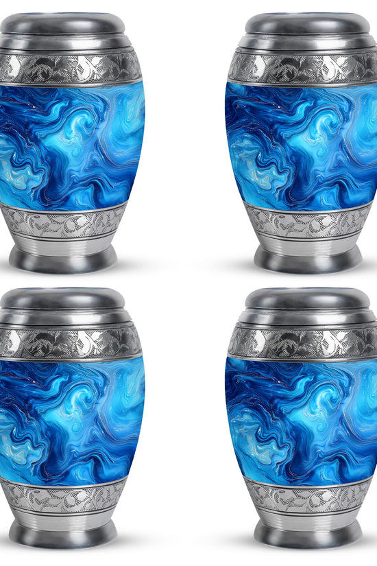 Ocean Teal Blue Cremation Urn urn with complimentary velvet bag - ornate monarch-style blue relief on brushed aluminum - 10 inch aluminum urn for cremated remains