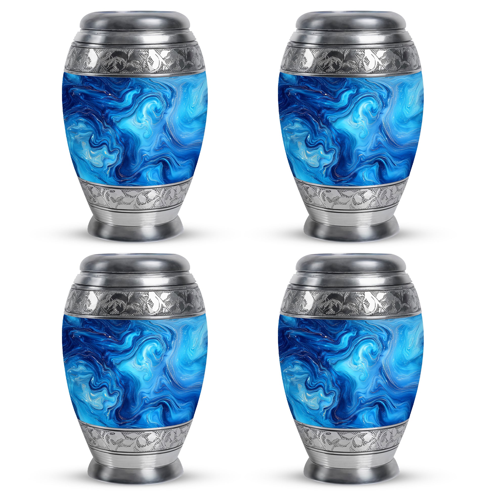 Ocean Teal Blue Cremation Urn urn with complimentary velvet bag - ornate monarch-style blue relief on brushed aluminum - 10 inch aluminum urn for cremated remains