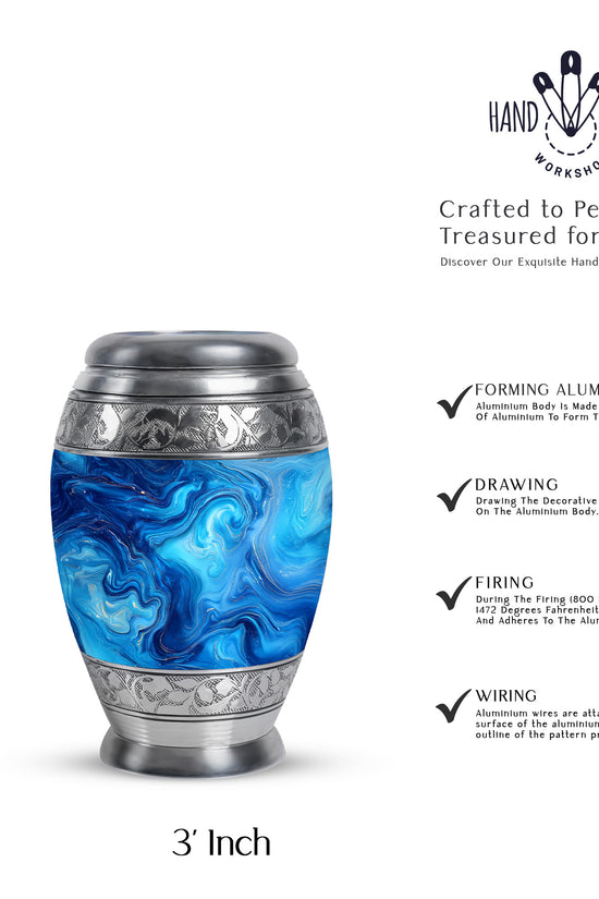 Mystic Teal Blue Cremation Urn lifestyle display on memorial shelf - majestic blue pattern with filigree border - mini keepsake memorial for portion of cremation ashes