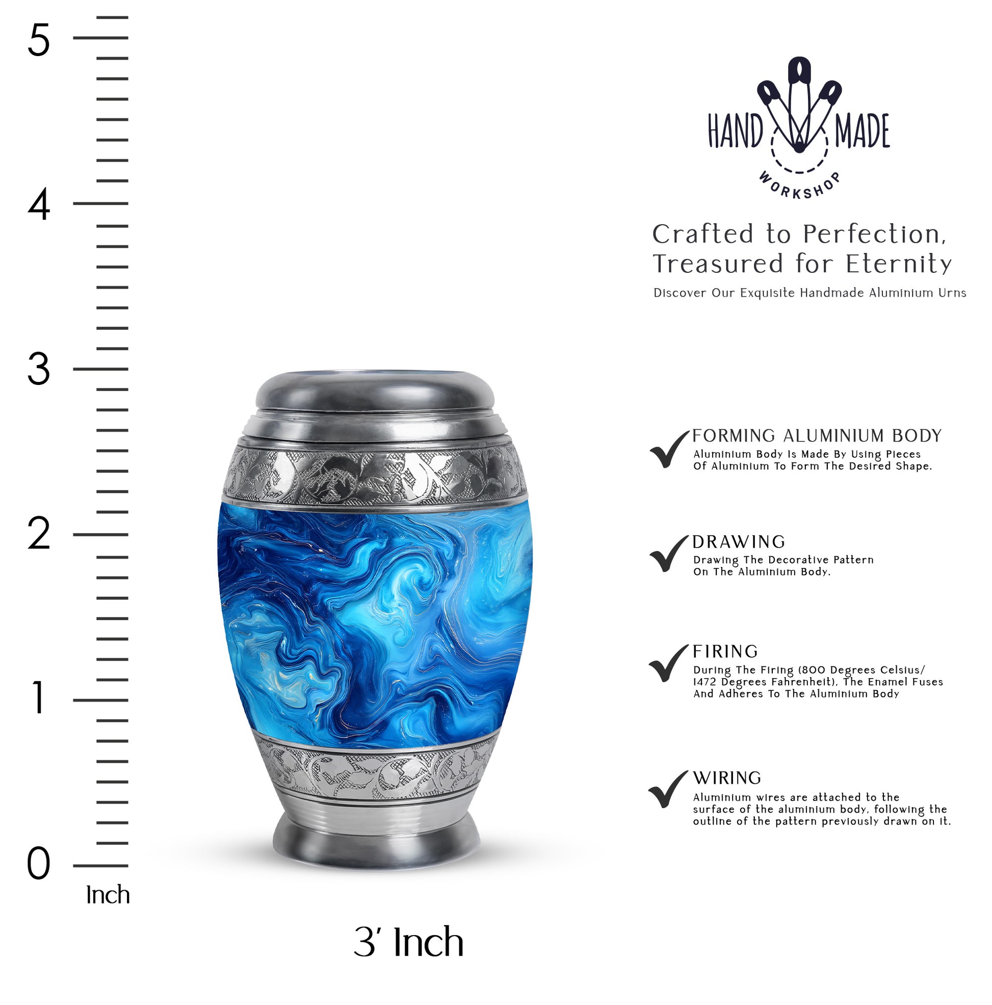 Mystic Teal Blue Cremation Urn lifestyle display on memorial shelf - majestic blue pattern with filigree border - mini keepsake memorial for portion of cremation ashes