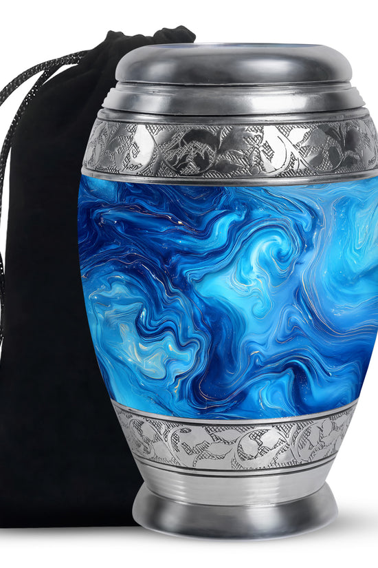 Tropical Teal Blue Cremation Urn back view with polished surface - majestic blue pattern with filigree border - full-size 10 inch 200 cubic inch adult cremation urn