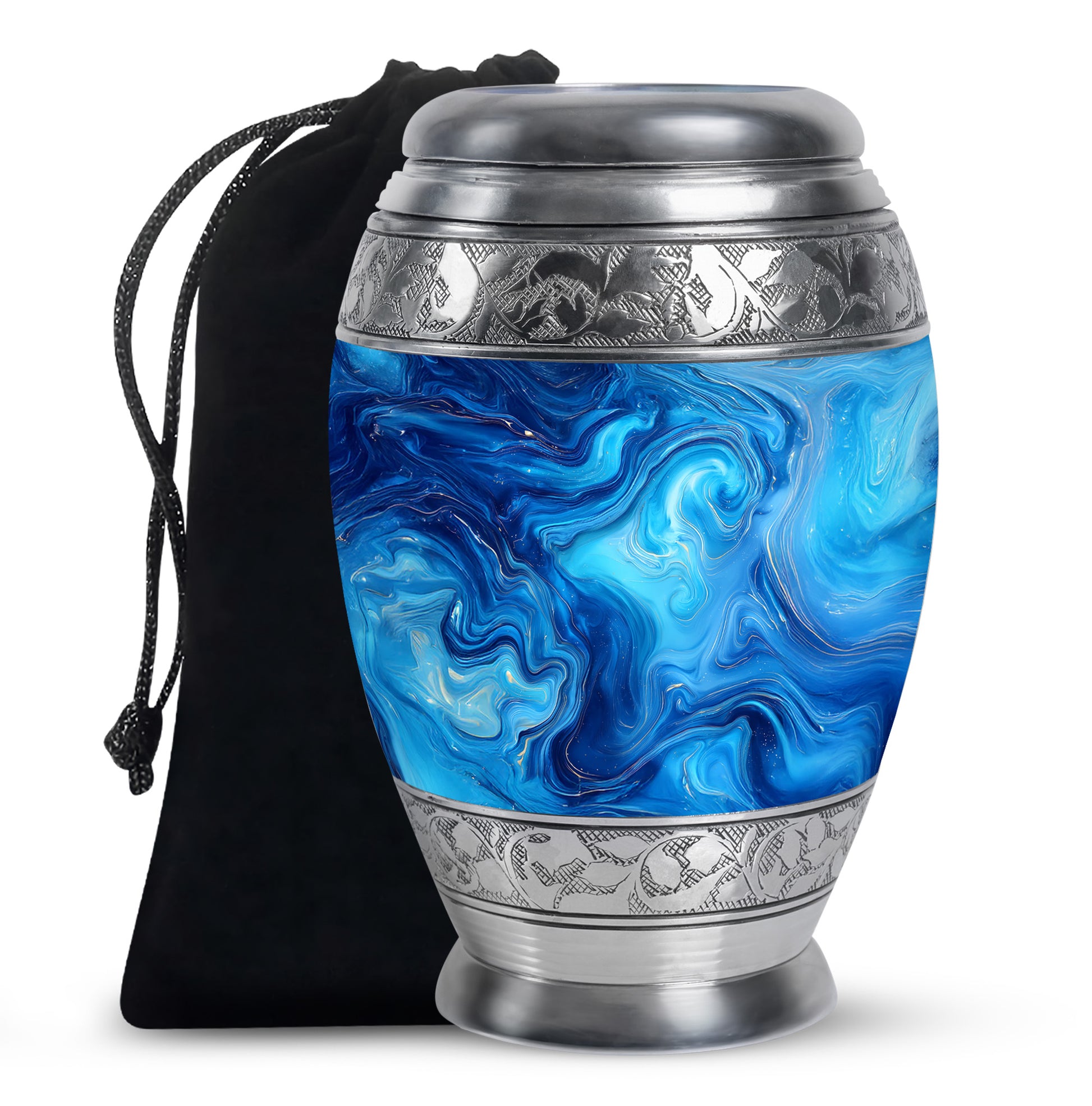 Tropical Teal Blue Cremation Urn back view with polished surface - majestic blue pattern with filigree border - full-size 10 inch 200 cubic inch adult cremation urn