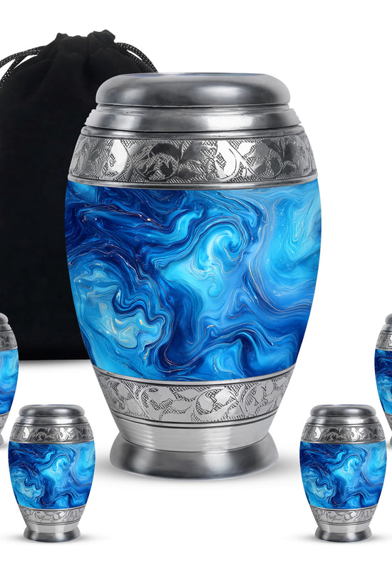 Tropical Teal Blue Cremation Urn detail view - royal blue engraving with decorative scrollwork - memorial set with one large and four small urns