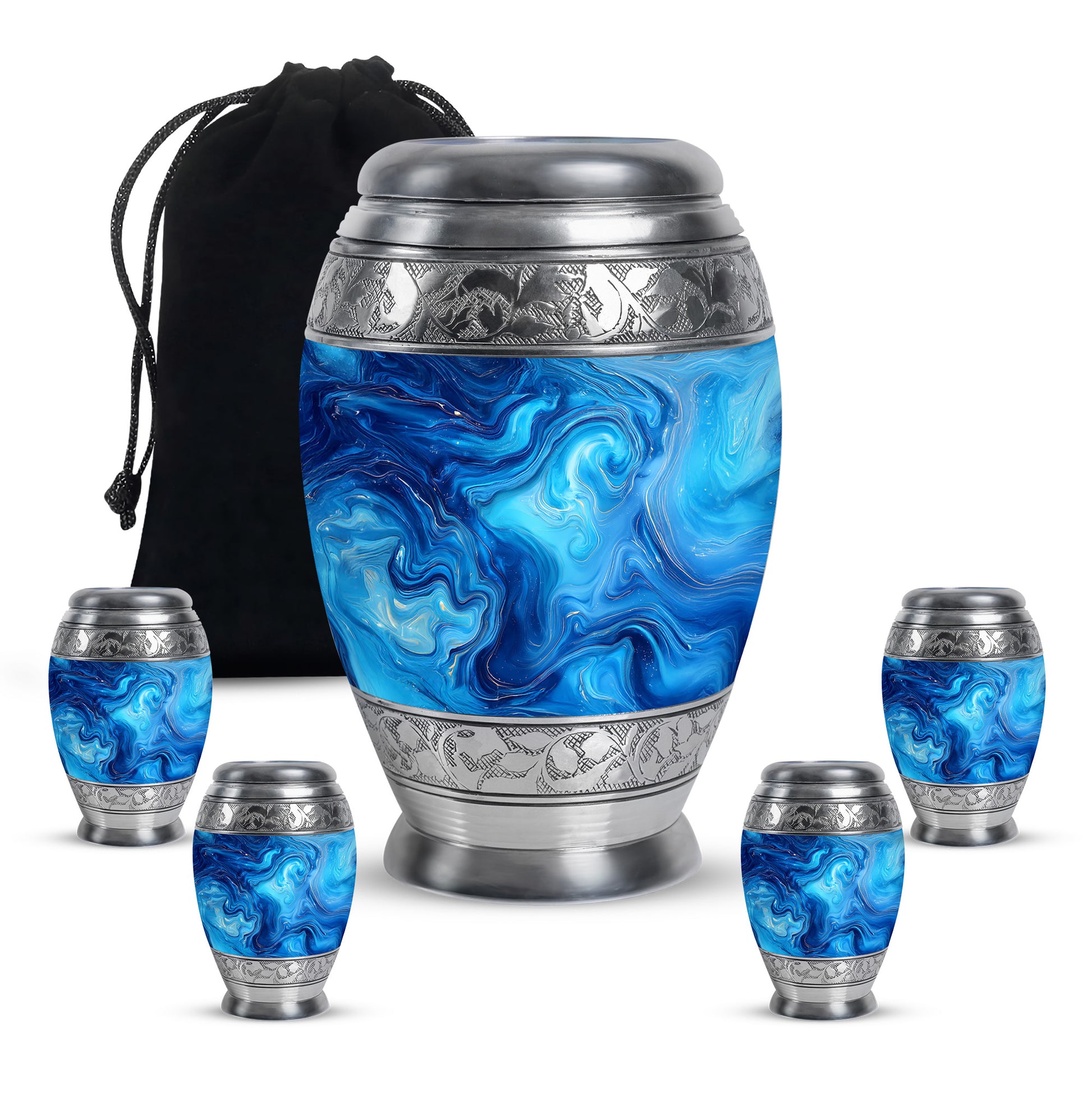 Tropical Teal Blue Cremation Urn detail view - royal blue engraving with decorative scrollwork - memorial set with one large and four small urns