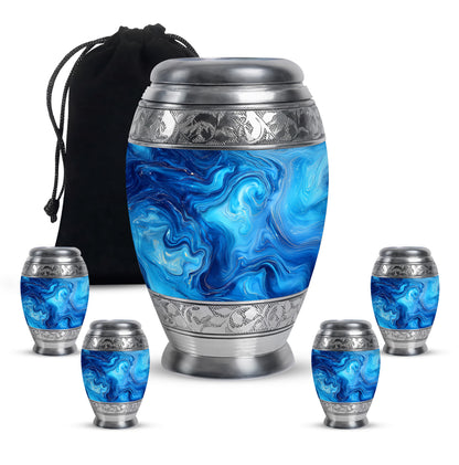 Tropical Teal Blue Cremation Urn detail view - royal blue engraving with decorative scrollwork - memorial set with one large and four small urns