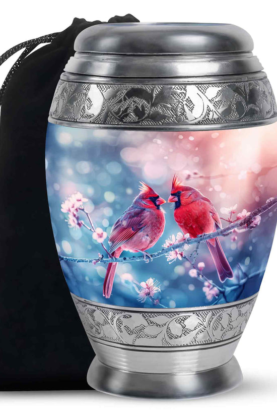 Cardinal Bird Pair Urn For Couples - Cherry Blossoms Memorial Urn