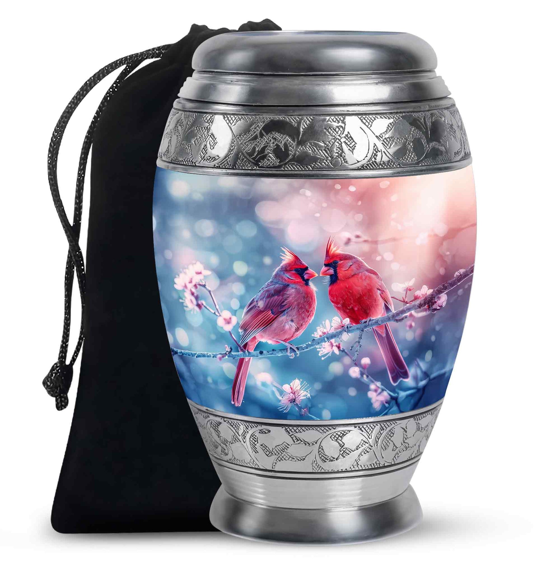 Cardinal Bird Pair Urn For Couples - Cherry Blossoms Memorial Urn