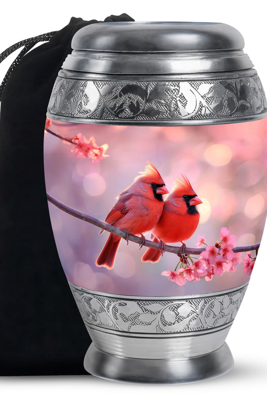 Red Cardinal Bird Pair Urn For Women - Pink Blossoms Urn For Funeral