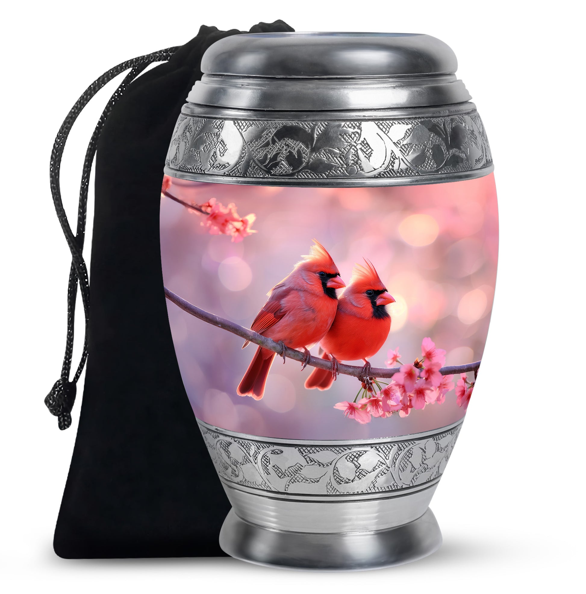 Red Cardinal Bird Pair Urn For Women - Pink Blossoms Urn For Funeral