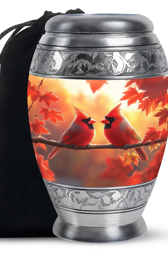 Orange Bird Urn For Men - Cardinal Birds Pair Urn For Memorial