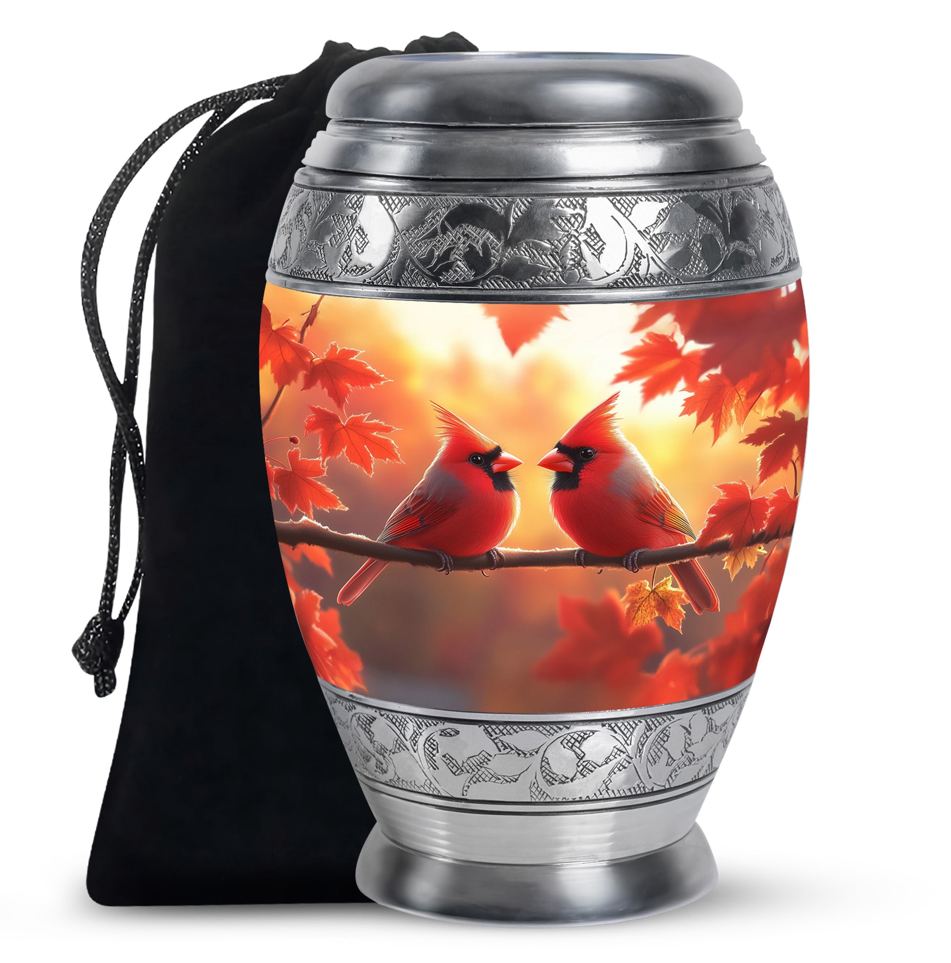 Orange Bird Urn For Men - Cardinal Birds Pair Urn For Memorial