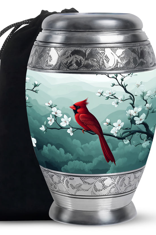 Cardinal Bird Memorial Urn - White Cherry Blossom Urn For Male & Female