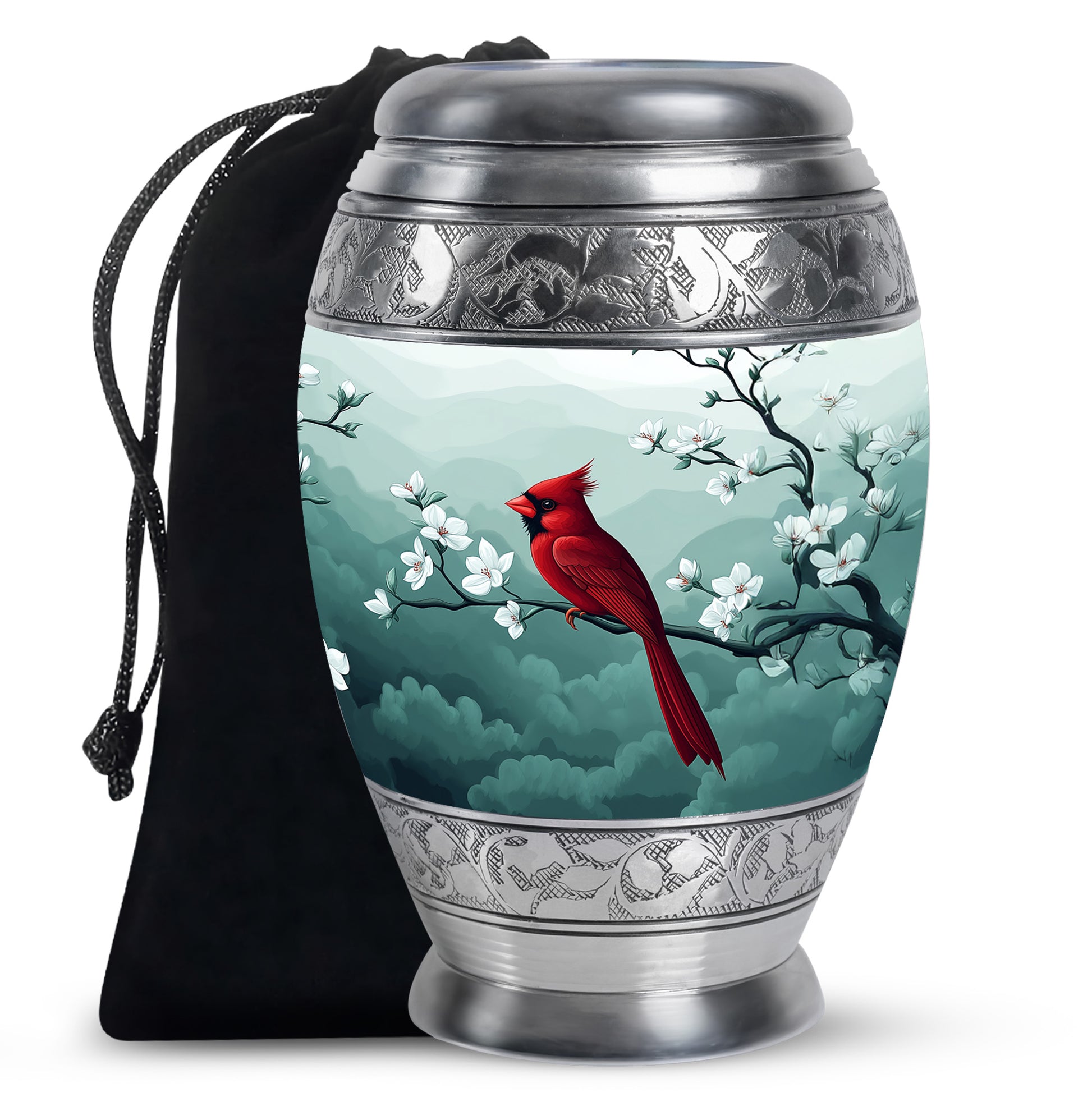 Cardinal Bird Memorial Urn - White Cherry Blossom Urn For Male & Female