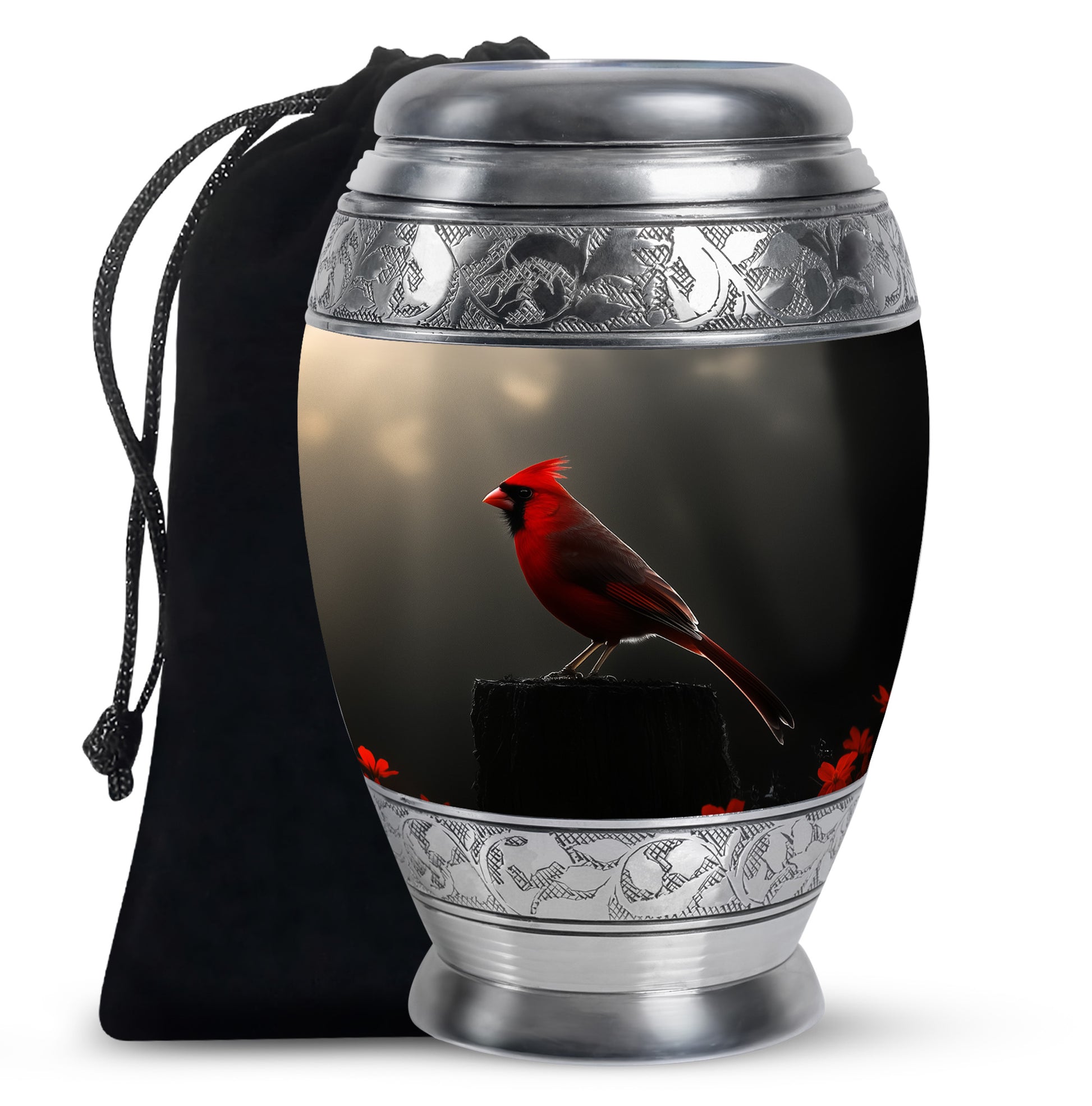 Cardinal Bird Black Cremation Urn - Modern Memorial Urn Adult