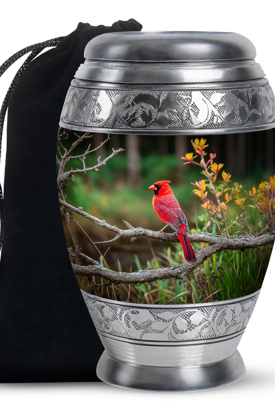 Forest Cardinal Funeral Urn - Green Aluminum Cremation Urn For Loved Ones
