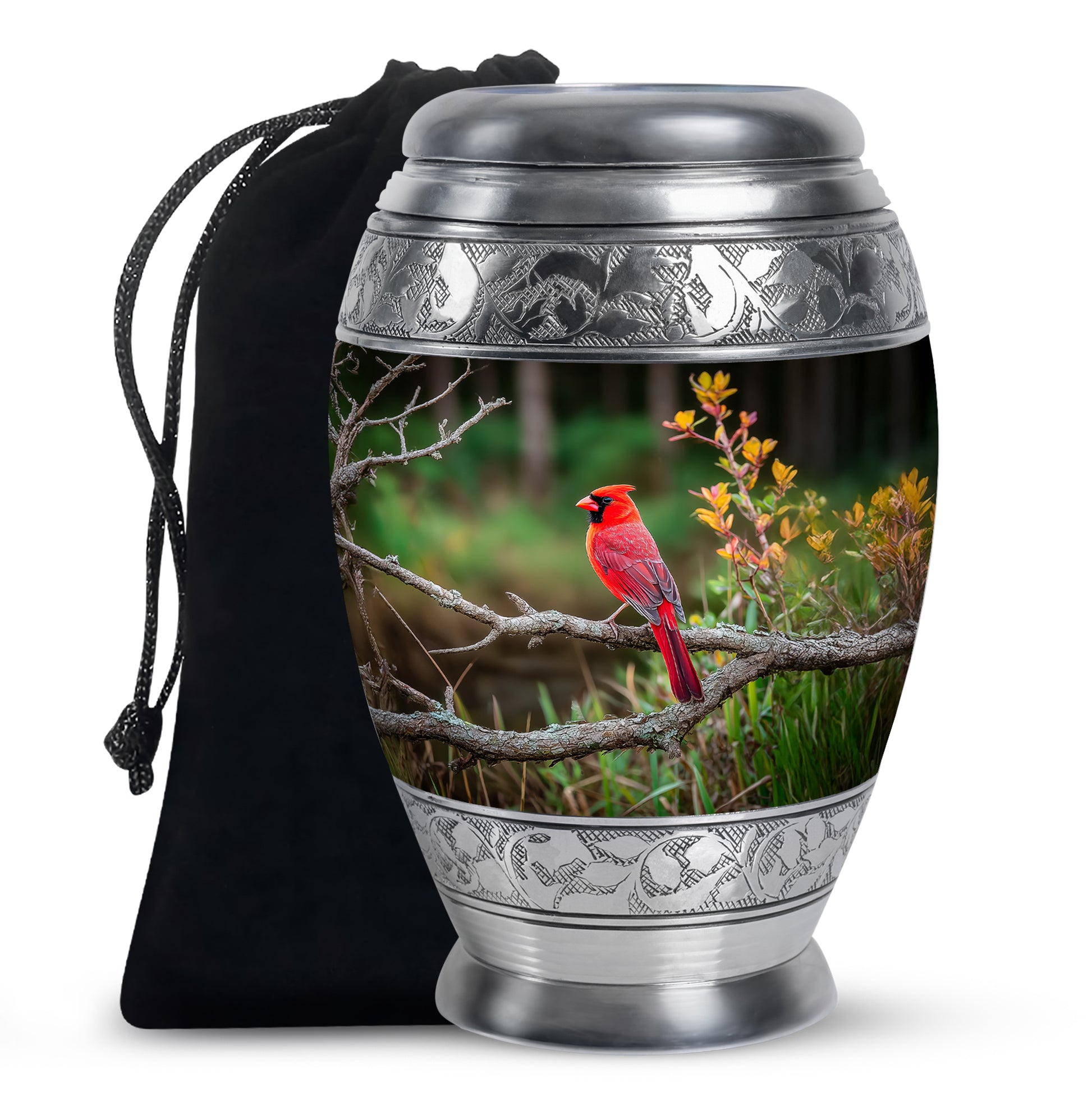 Forest Cardinal Funeral Urn - Green Aluminum Cremation Urn For Loved Ones