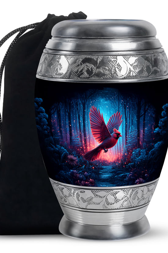 Forest Cardinal Bird Theme Funeral Urn - Black Large Aluminium Urn For Ashes