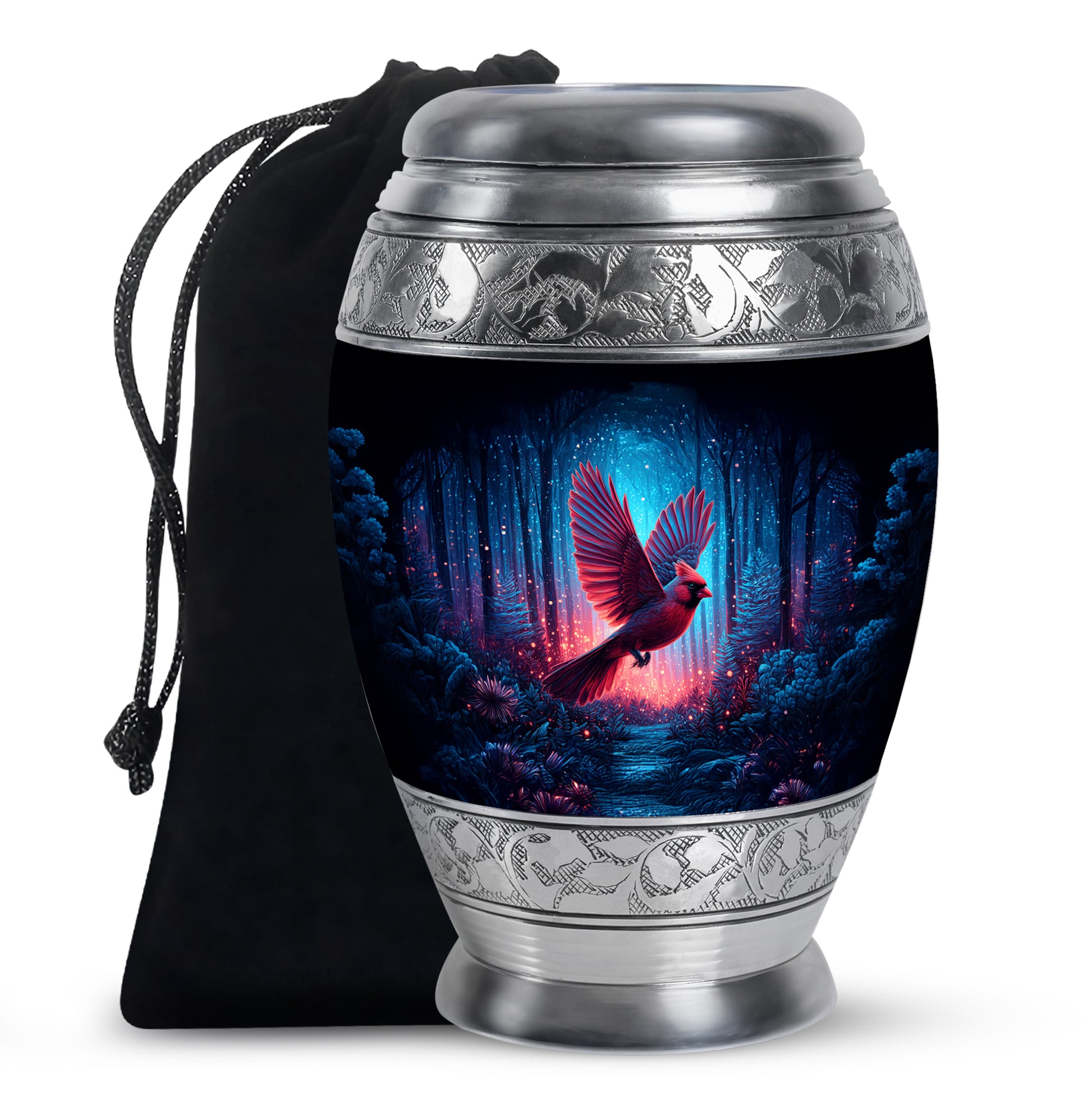 Forest Cardinal Bird Theme Funeral Urn - Black Large Aluminium Urn For Ashes
