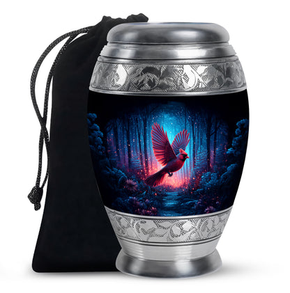 Forest Cardinal Bird Theme Funeral Urn - Black Large Aluminium Urn For Ashes
