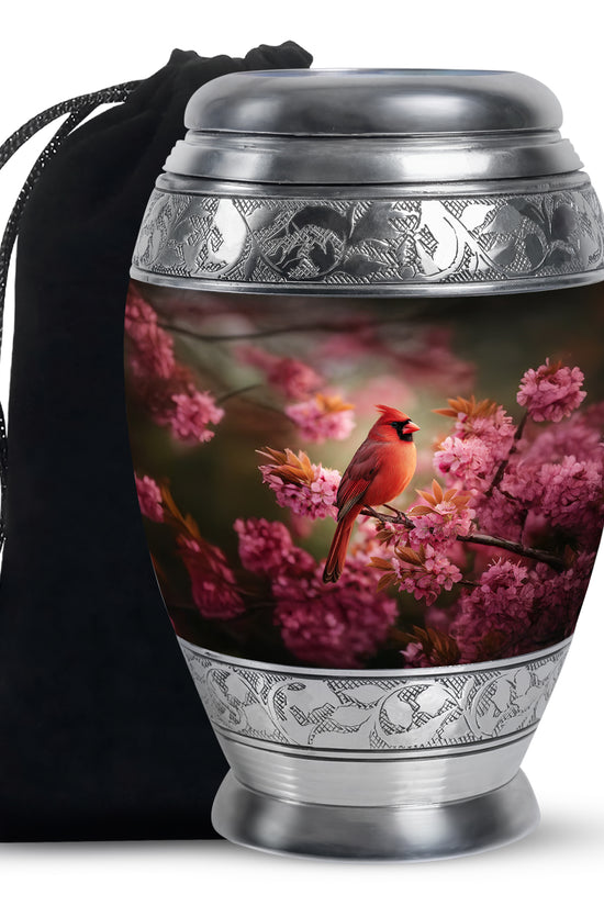 Pink Floral Cardinal Cremation Urn - Decorative Memorial Urn For Burial