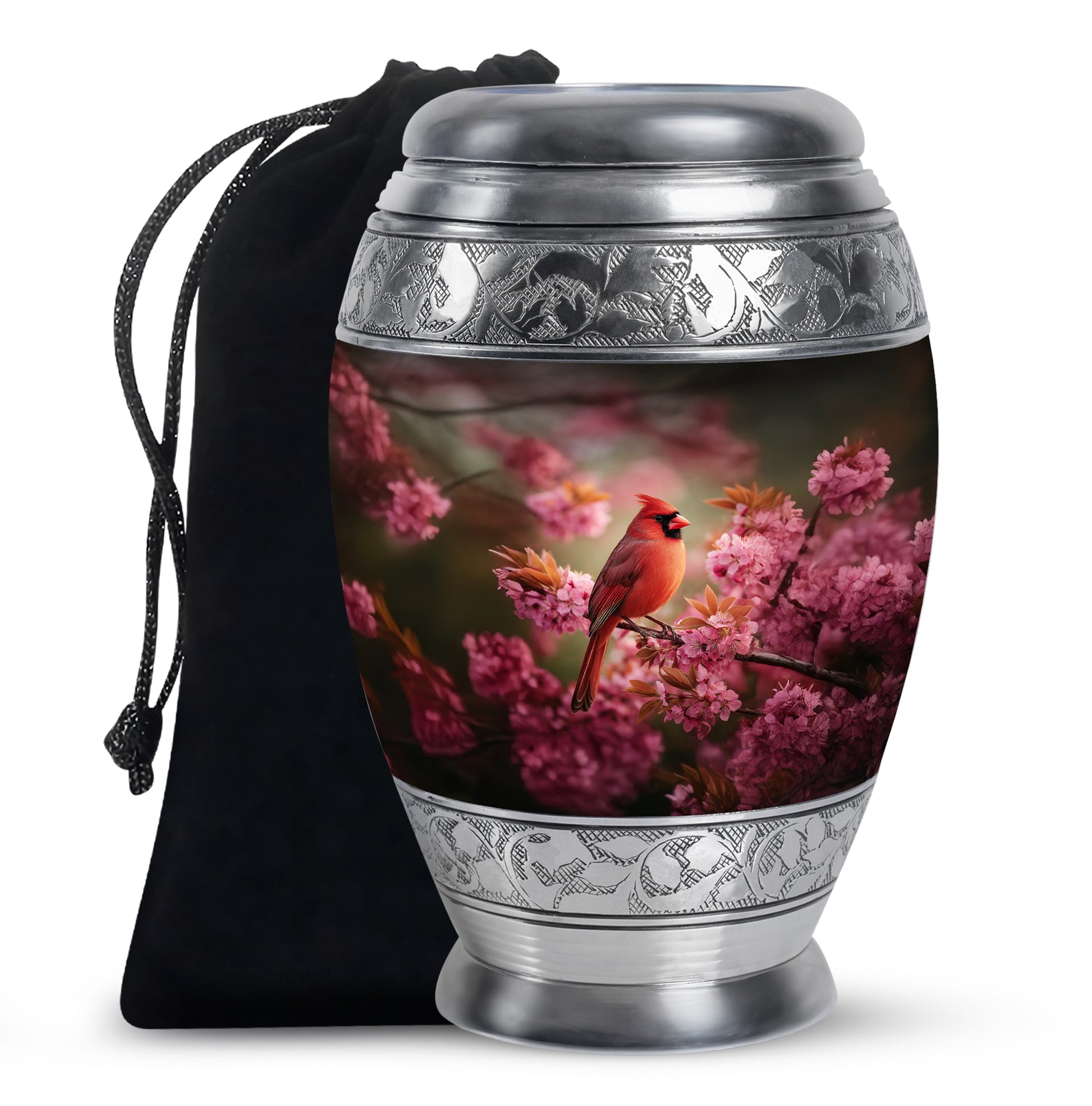 Pink Floral Cardinal Cremation Urn - Decorative Memorial Urn For Burial