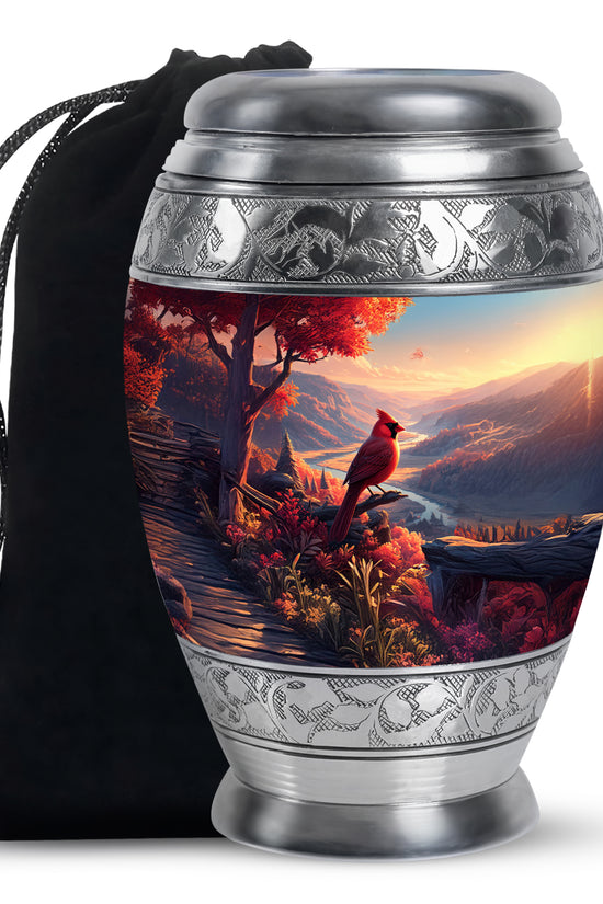 Beautiful Red Cardinal Bird Memorial Urn - Beautiful Scenic Mountain Funeral Urn For Ashes