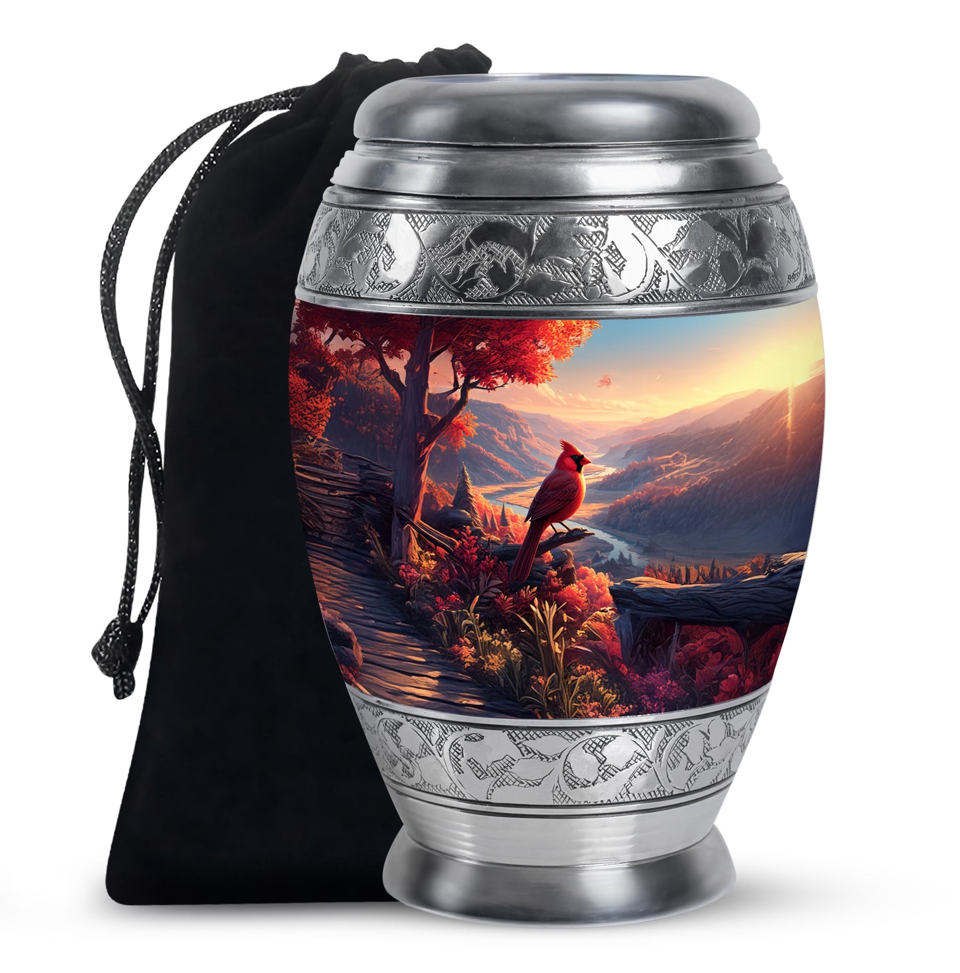 Beautiful Red Cardinal Bird Memorial Urn - Beautiful Scenic Mountain Funeral Urn For Ashes