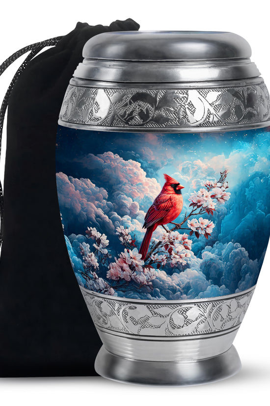 Red Cardinal Bird Cremation Urn - Beautiful Cherry Blossom Funeral Urn For Burial