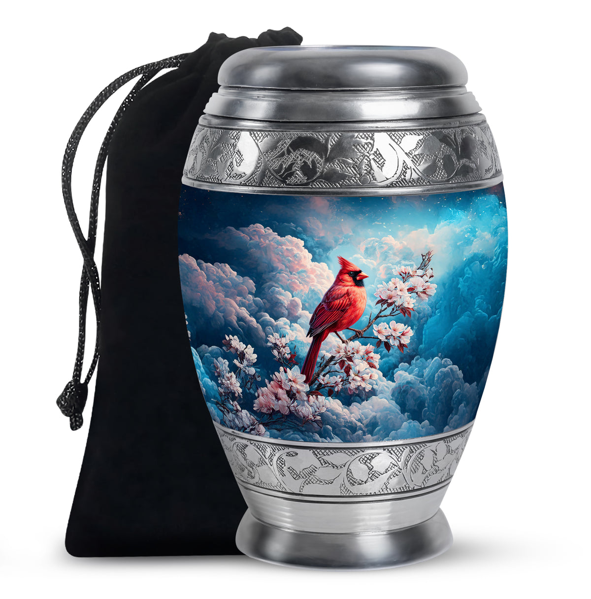 Red Cardinal Bird Cremation Urn - Beautiful Cherry Blossom Funeral Urn For Burial