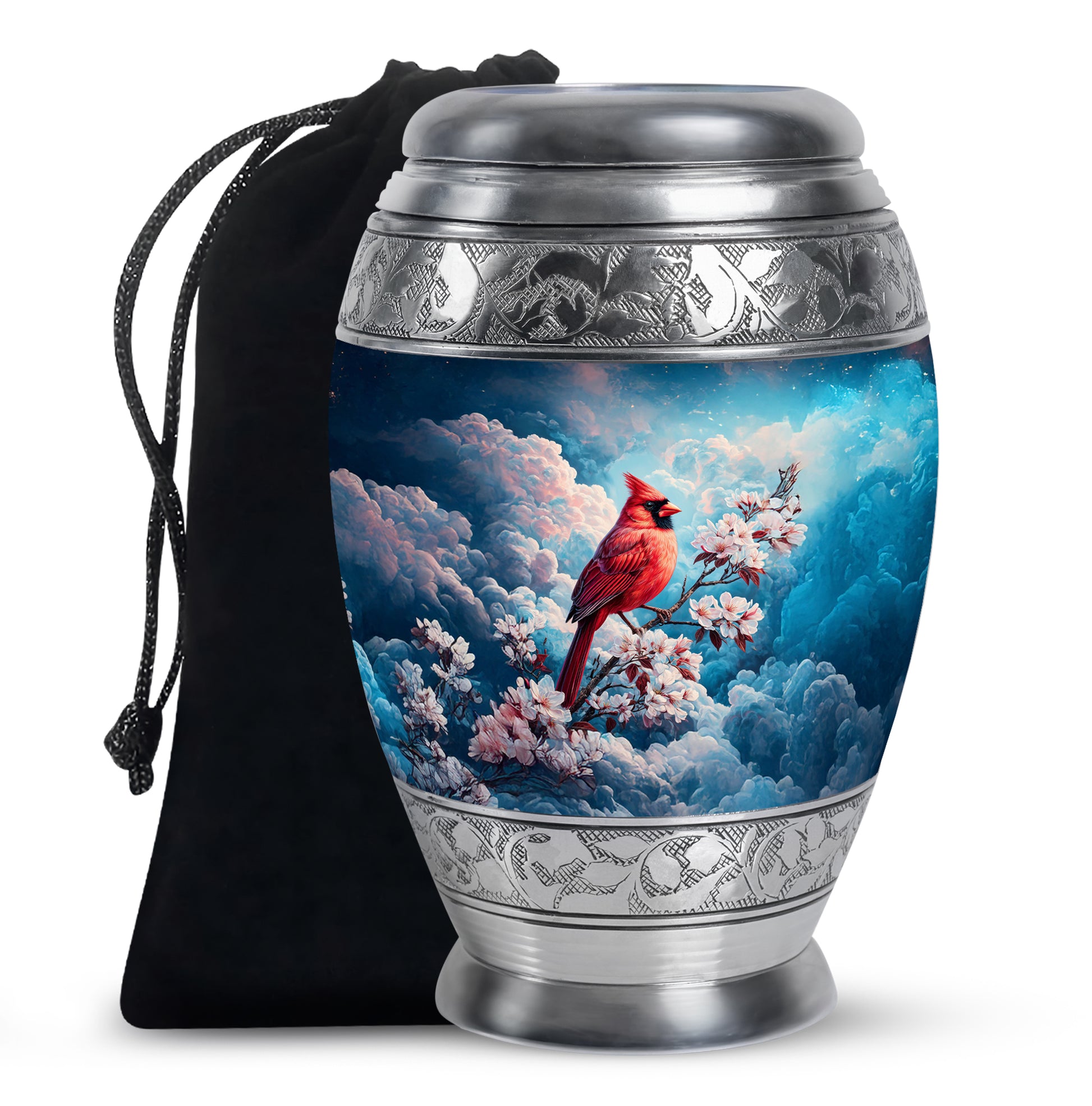 Red Cardinal Bird Cremation Urn - Beautiful Cherry Blossom Funeral Urn For Burial