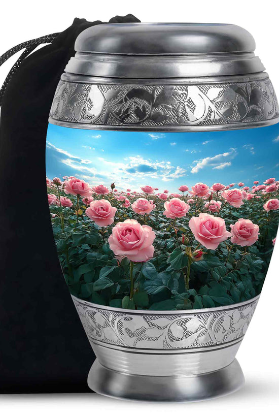 Pink Rose Field Memorial Urn - Blue Sky Cremation Urn For Loved Ones