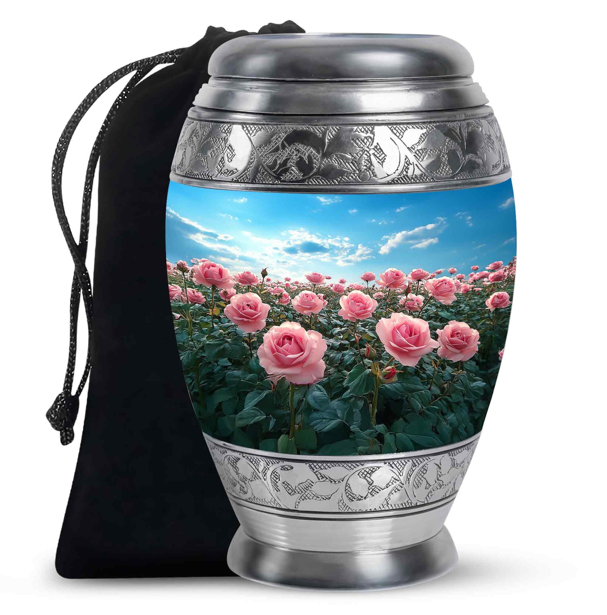Pink Rose Field Memorial Urn - Blue Sky Cremation Urn For Loved Ones