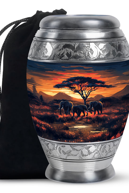 Elephant Family Urn for Ashes - Sunset Jungle Cremation Urn For Dad & Mom