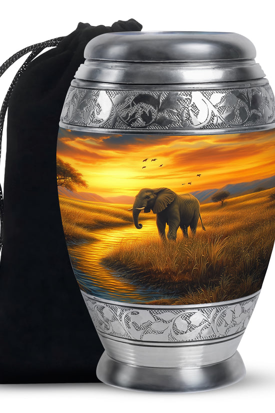 Elephant Tribute Cremation Urn – Sunset Landscape Memorial Urn for Dad & Mom