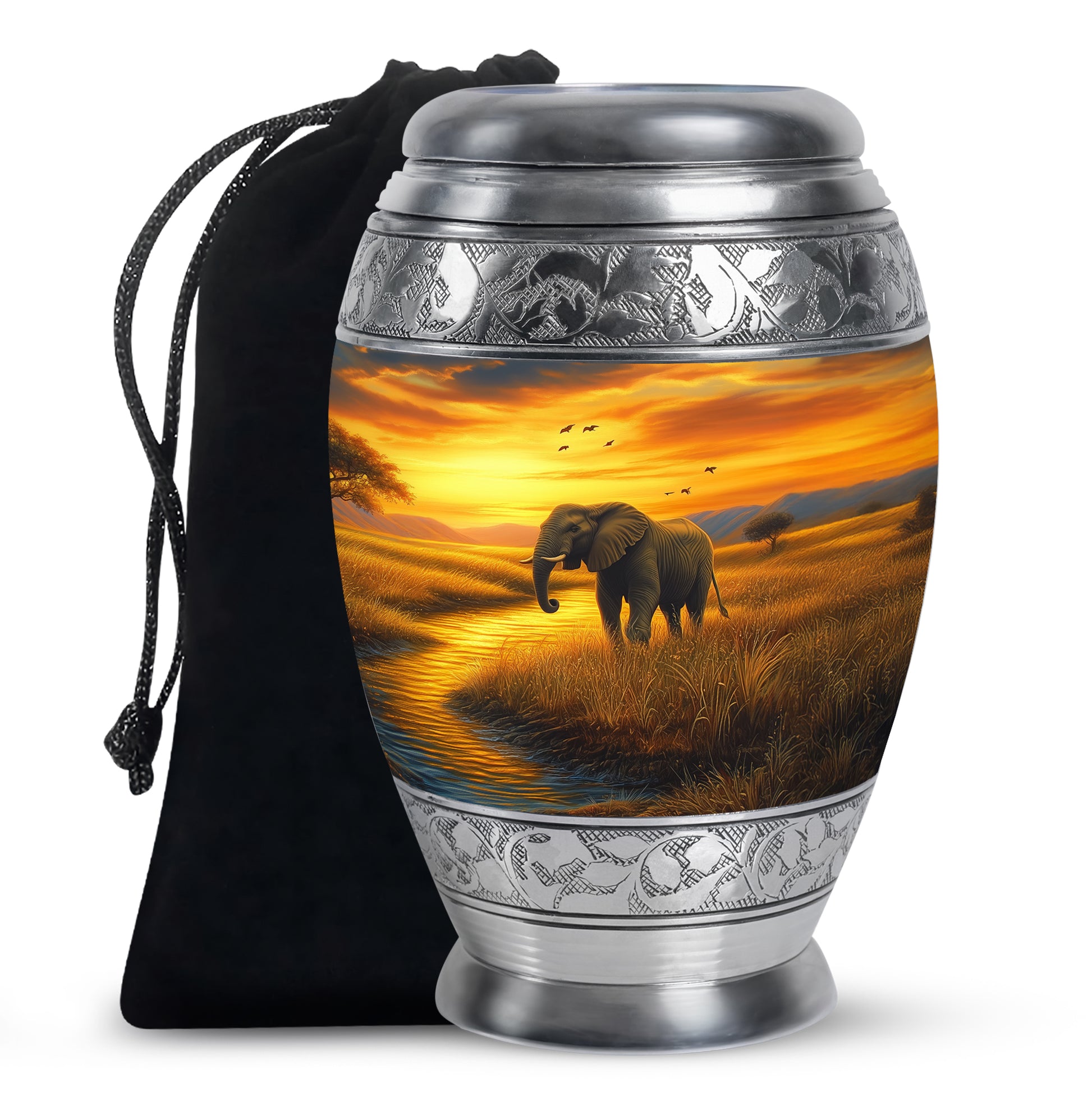 Elephant Tribute Cremation Urn – Sunset Landscape Memorial Urn for Dad & Mom
