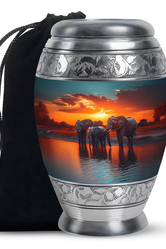 Elephant Family Creamation Urn - Beautiful Sunset Funeral Urn For Loved Ones