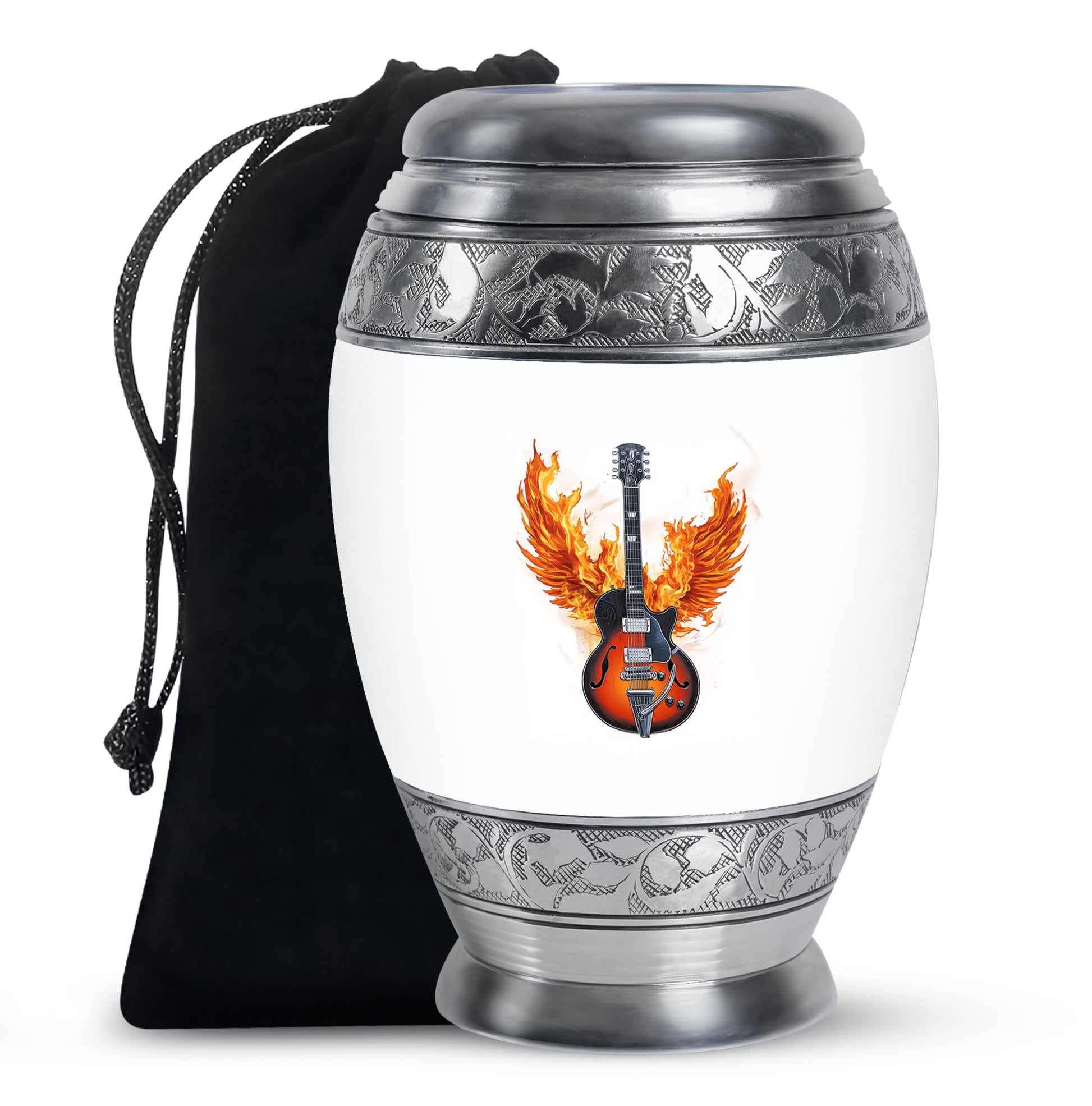 White flaming Guitar Urn - Beautiful Cremation Urns For Human Ashes