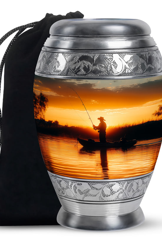 Fisherman Sunset Memorial Urn - Aluminum Cremation Urn For Burial