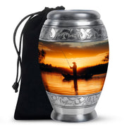 Fisherman Sunset Memorial Urn - Aluminum Cremation Urn For Burial