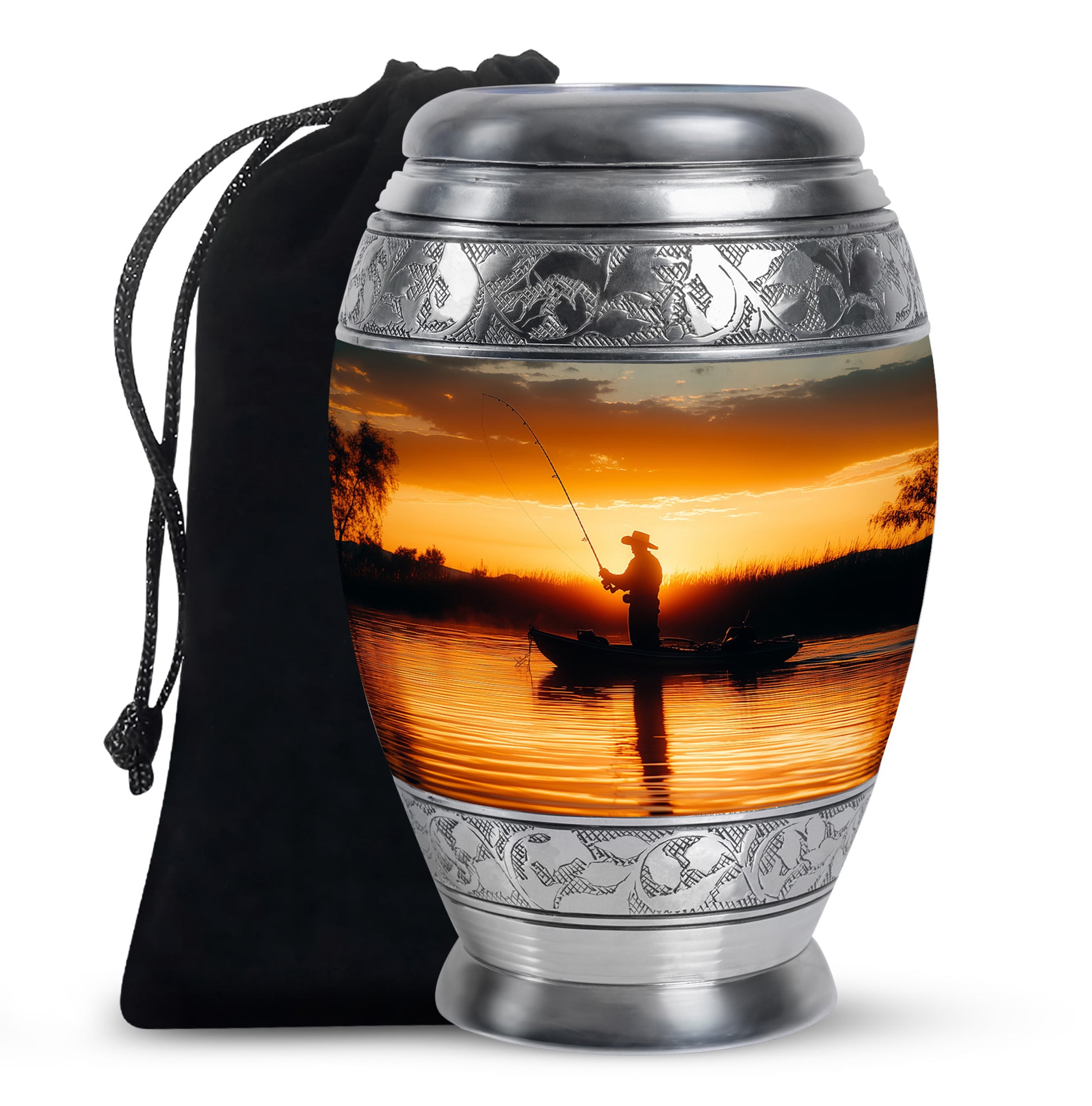 Fisherman Sunset Memorial Urn - Aluminum Cremation Urn For Burial