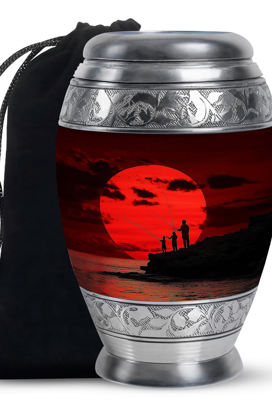 Family Fishing Memorial Urn - Red Sunset Funeral Urn For Loved Ones