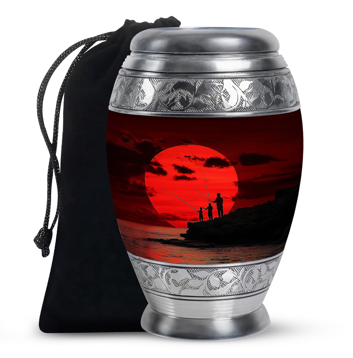 Family Fishing Memorial Urn - Red Sunset Funeral Urn For Loved Ones