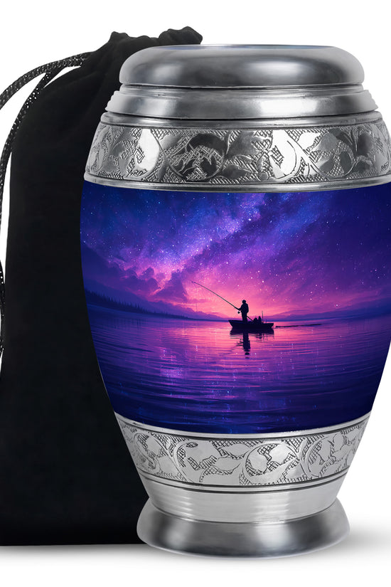 Galaxy Night Fishing Funeral Urn - Scenic Lake Cremation Urn For Dad