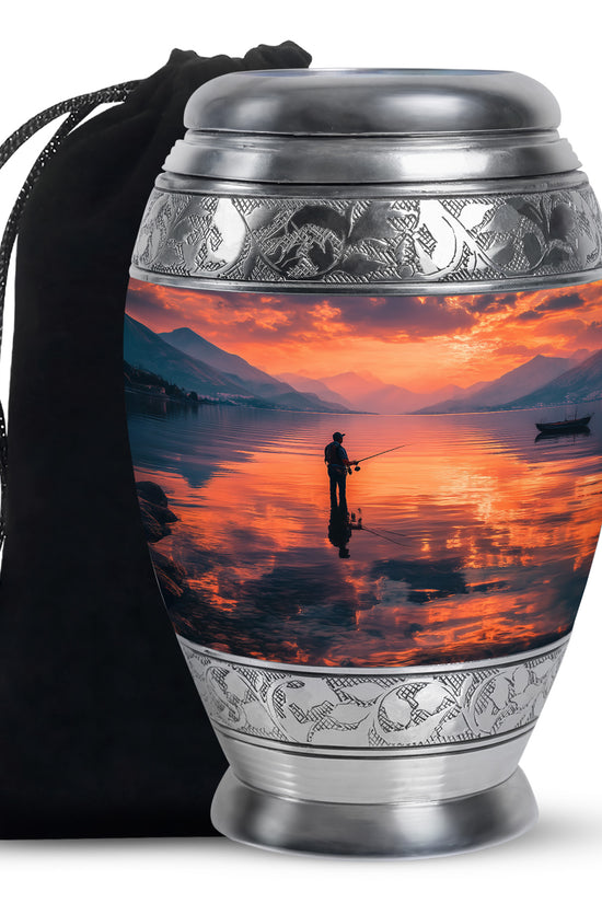 Peaceful Fishing Cremation Urn - Sunset Lake Memorial Urn For Human Ashes