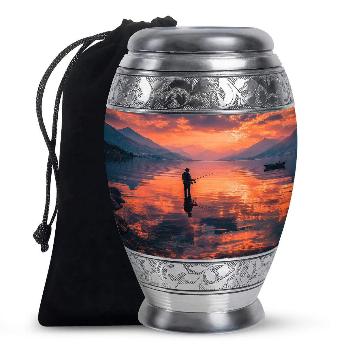 Peaceful Fishing Cremation Urn - Sunset Lake Memorial Urn For Human Ashes